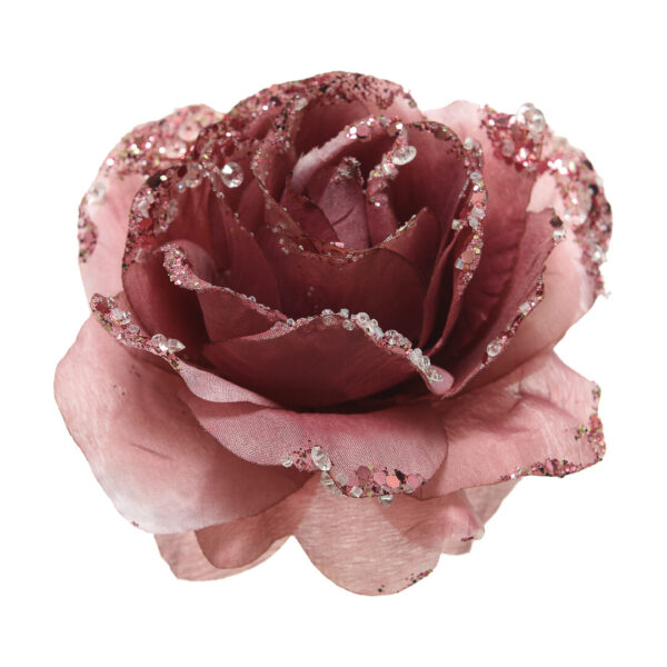 Новогоднее украшение Роза на клипсе, розовый, 8,5 см