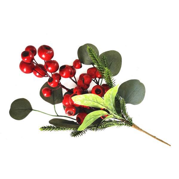 Новогоднее украшение Ветка Эвкалипт с красными ягодами, красный/зелёный, 43 см
