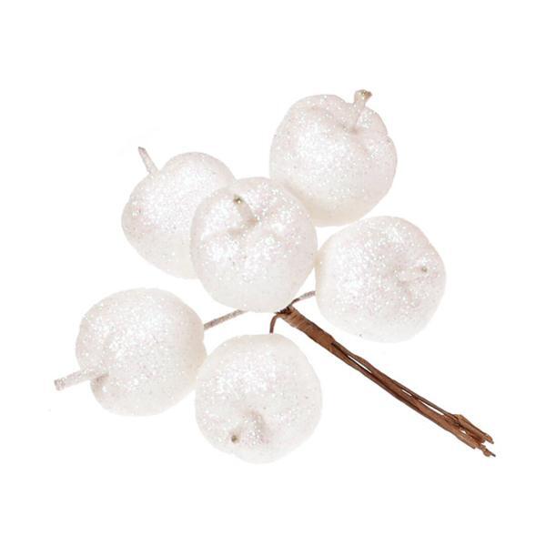 Новогоднее украшение Ветка Букет яблок в глиттере, белый,12 см