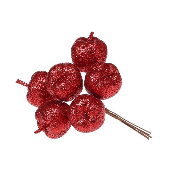 Новогоднее украшение Ветка Букет яблок в глиттере, красный, 12 см