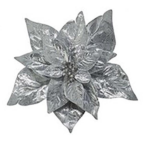 Новогодний цветок на клипсе Пуансеттия, Holiday Classics, серебряный, 25 см
