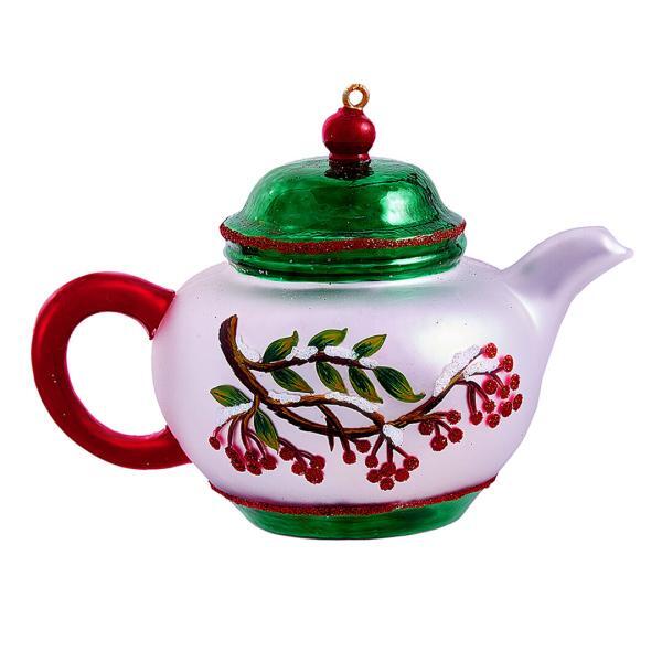 Ёлочная игрушка Чайник Ветки рябины, Holiday Classics, красный/белый/зеленый